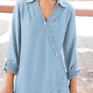 Soft surrounding Comfy blue chambray wrap front button tunic XL